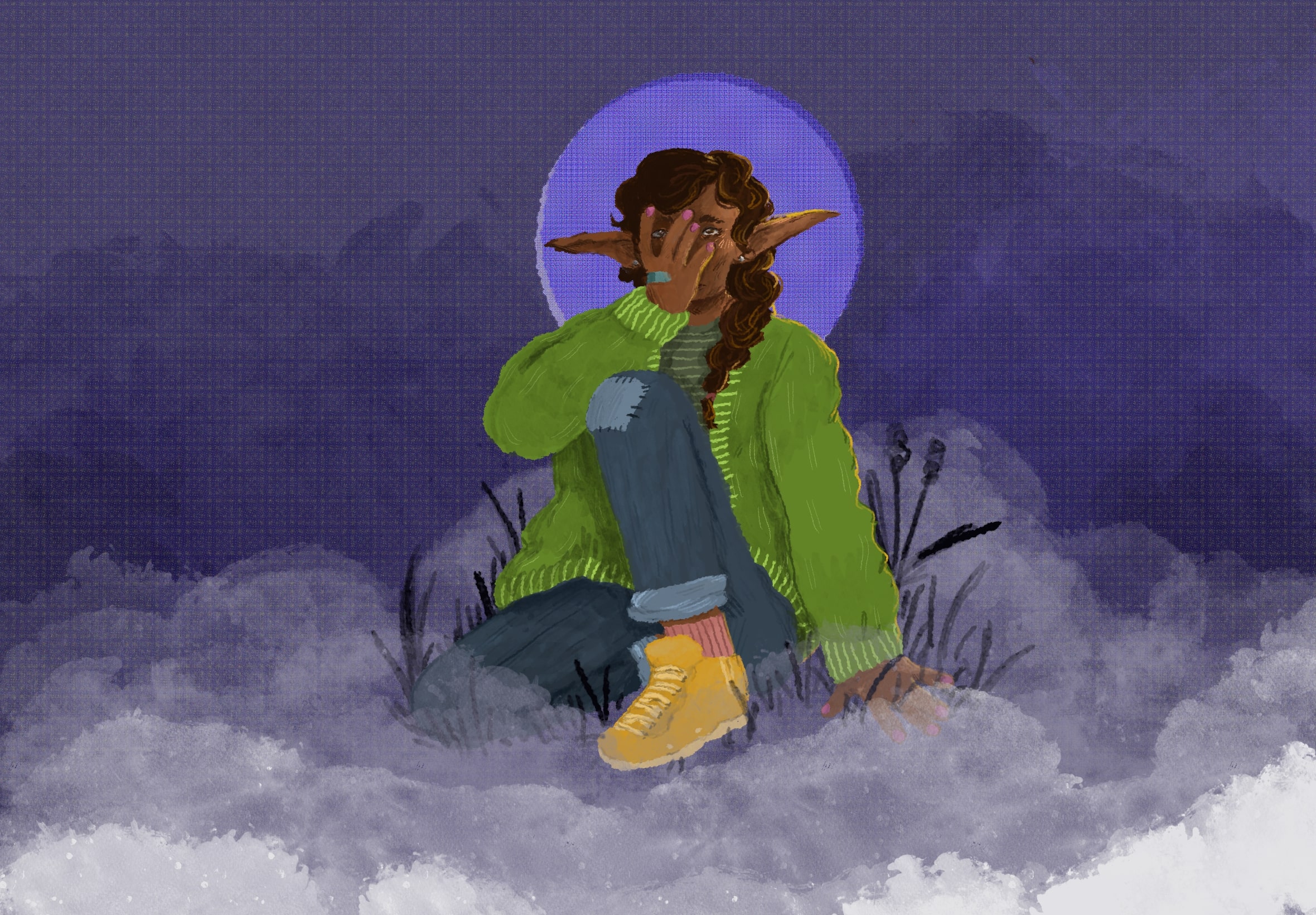A digital painting of a girl with brown skin and long dark hair. She is kneeling and covering one eye, peering through her fingers. Around her is fog against a purple background.