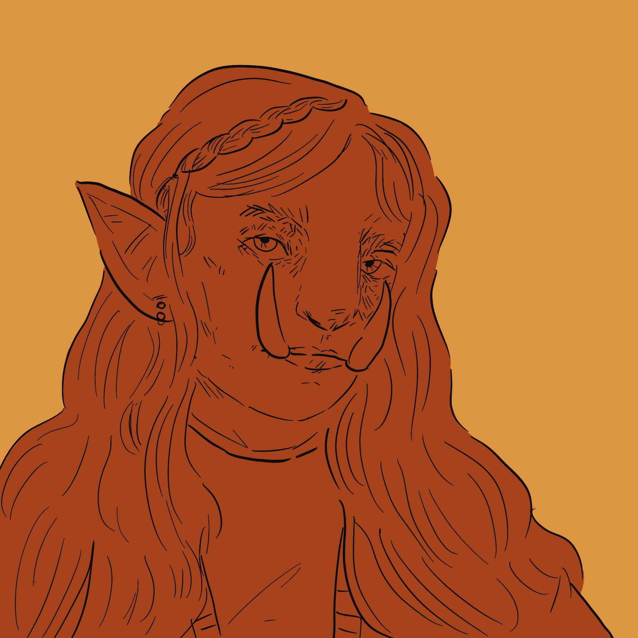 A digital painting of an orange orc against a yellow background.