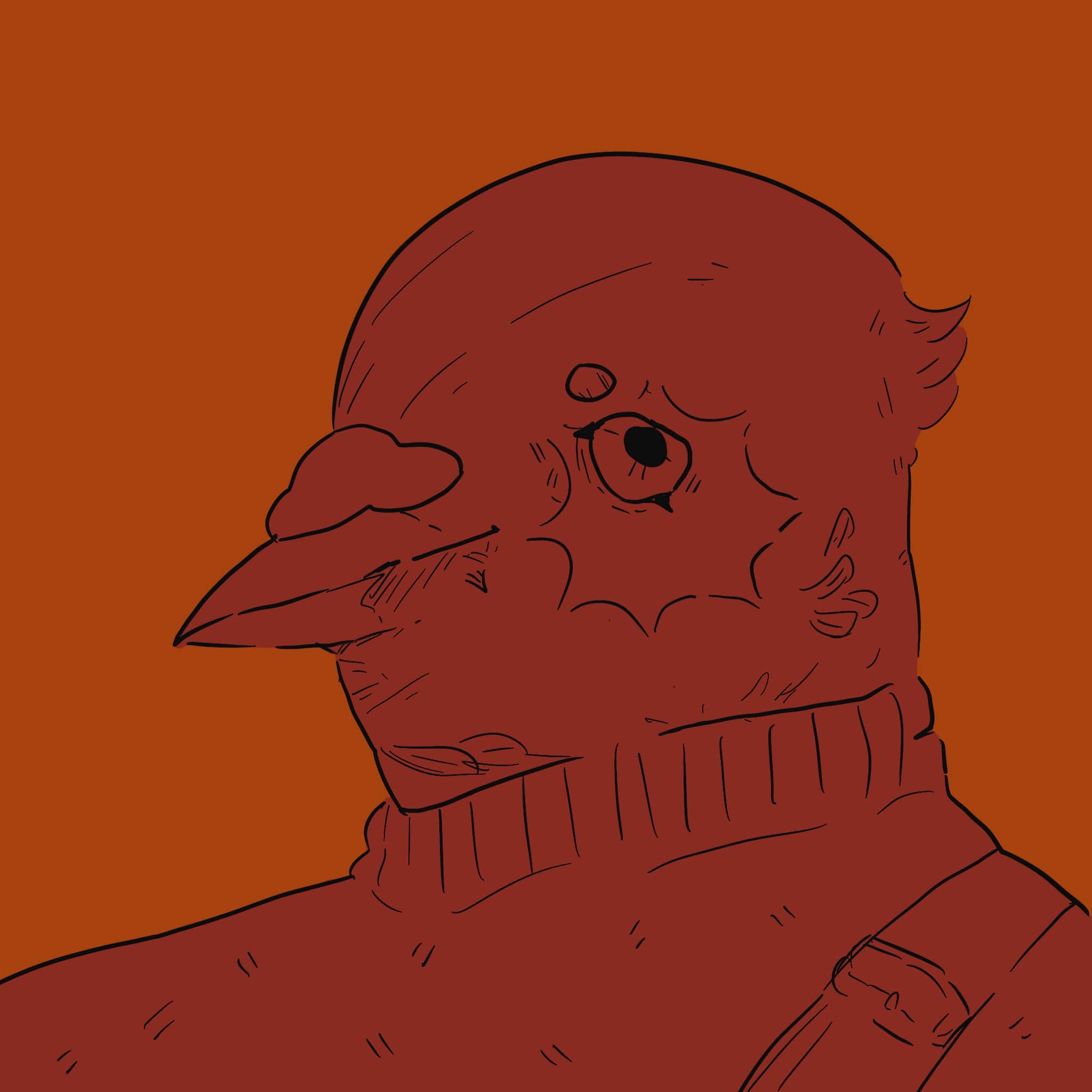 A digital painting of a red bird against an orange background.