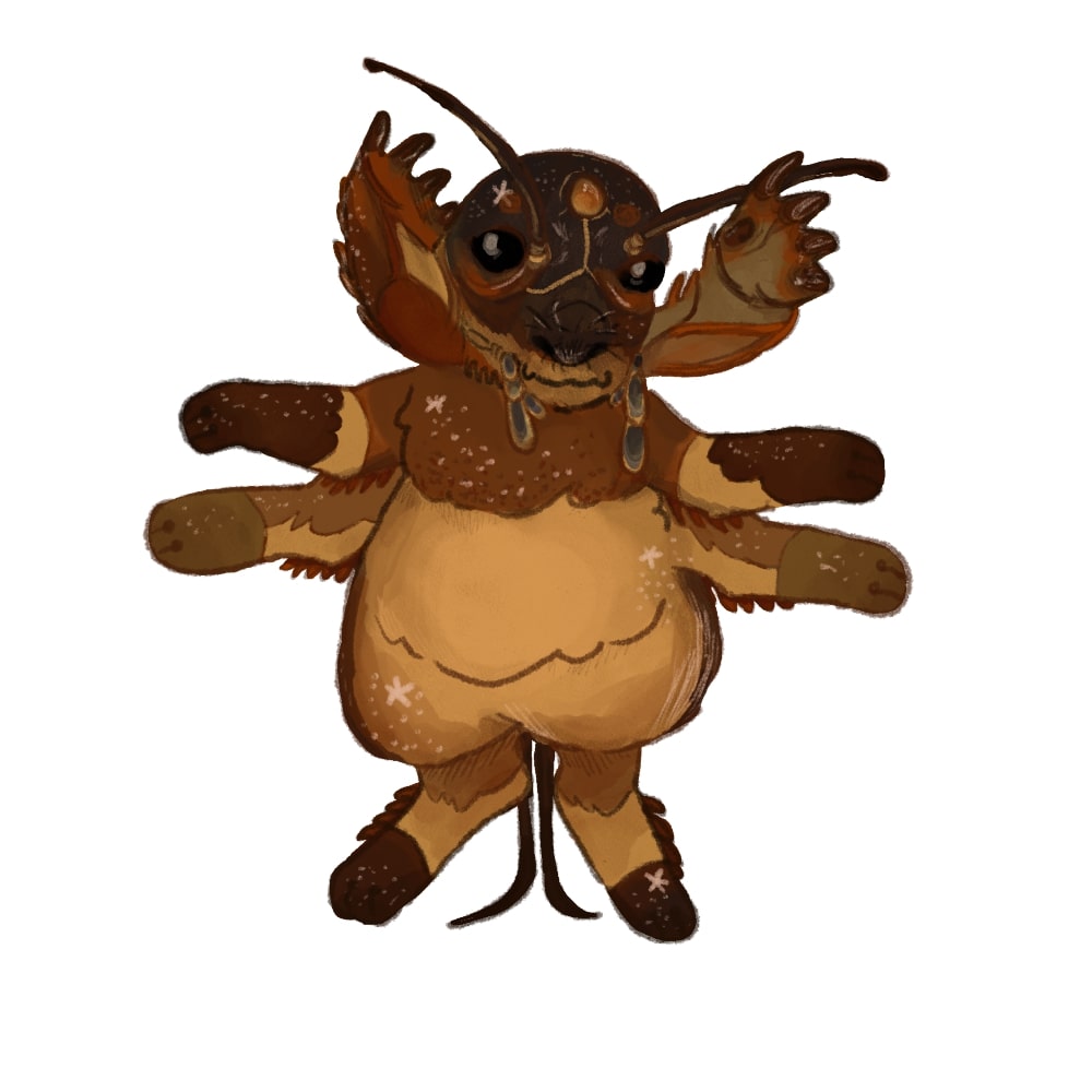 A digital painting of a character that looks like a cross between an insect and a mouse.