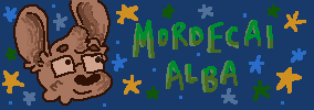 A pixel art button of a brown rabbit with glasses that says 'Mordecai Alba' in green letters.