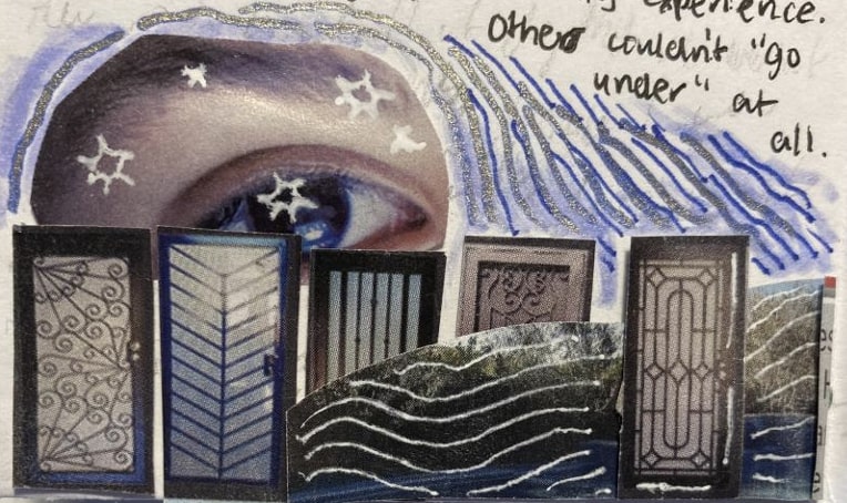 A collage of an eye against blue pictures and doors with stars in white ink.