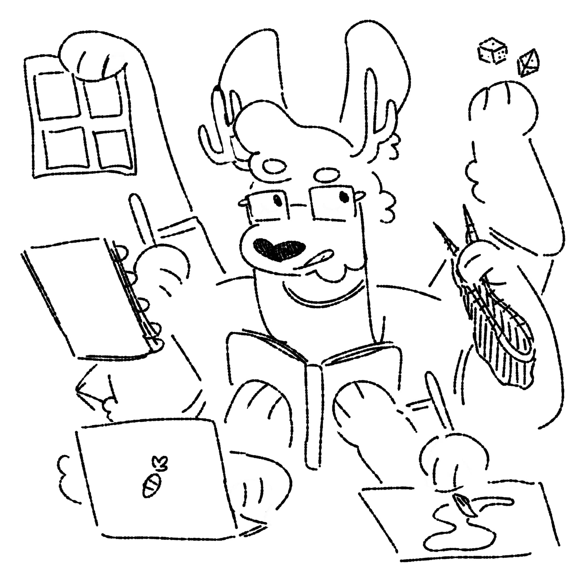 A picture of a jackalope juggling various tasks, such as rolling dice, writing, drawing, and painting.