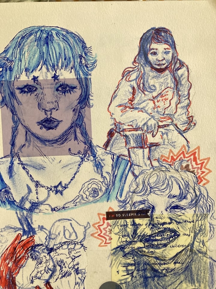 A picture of a sketchbook depicting various portraits in colored pencil and ink.
