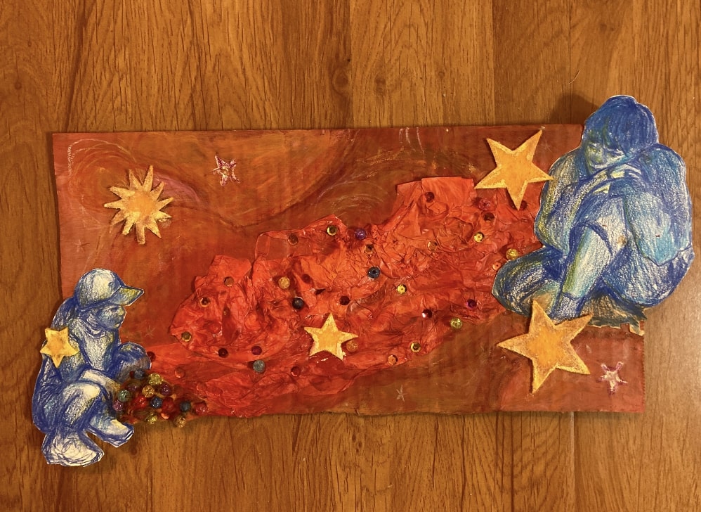 A collage against a painted orange, pink, red, and yellow background. There is a trail of painted tissue paper leading from the bottom left corner of the image to the top right, dotted with beads. In the bottom left corner is a young girl in blue colored pencil, who is kneeling next to a pile of beads sewn into the piece. In the top right corner is a teenage boy who is seated and leaning on his knee to look fondly at the younger girl. There are stars scattered throughout the piece, made of felt and paint.