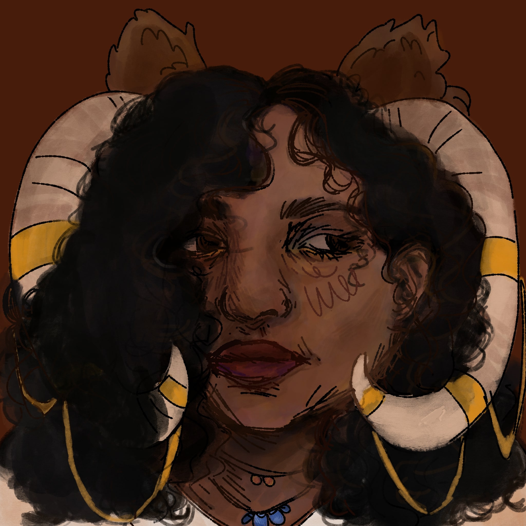 A digital painting of a person with medium brown skin and curly dark brown hair. He is looking to the right, and has ram horns and bear ears.